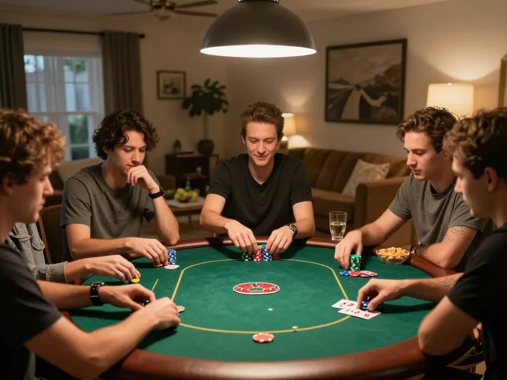 Players enjoying a competitive poker night at home, showcasing 13WIN strategic gaming moments.