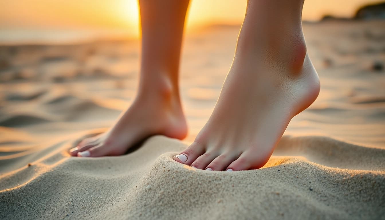 Fußbilder verkaufen: Elegante Fußpräsentation auf einem sonnigen Strand mit perfektem Pediküre.