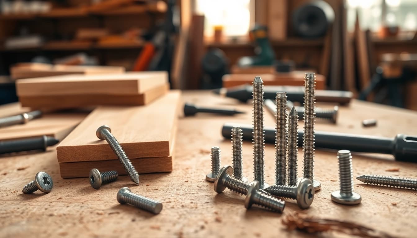 Entdecken Sie spanplattenschrauben auf einem Werkbank mit Holz und Werkzeugen.