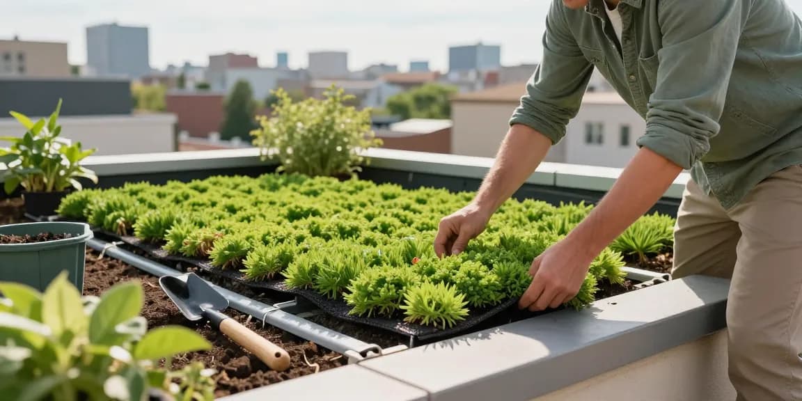 dachbegrünung gewicht erklärt durch eine Dachgarteninstallation, die leichte Sedummatten und Gartenwerkzeuge in einem städtischen Umfeld zeigt.
