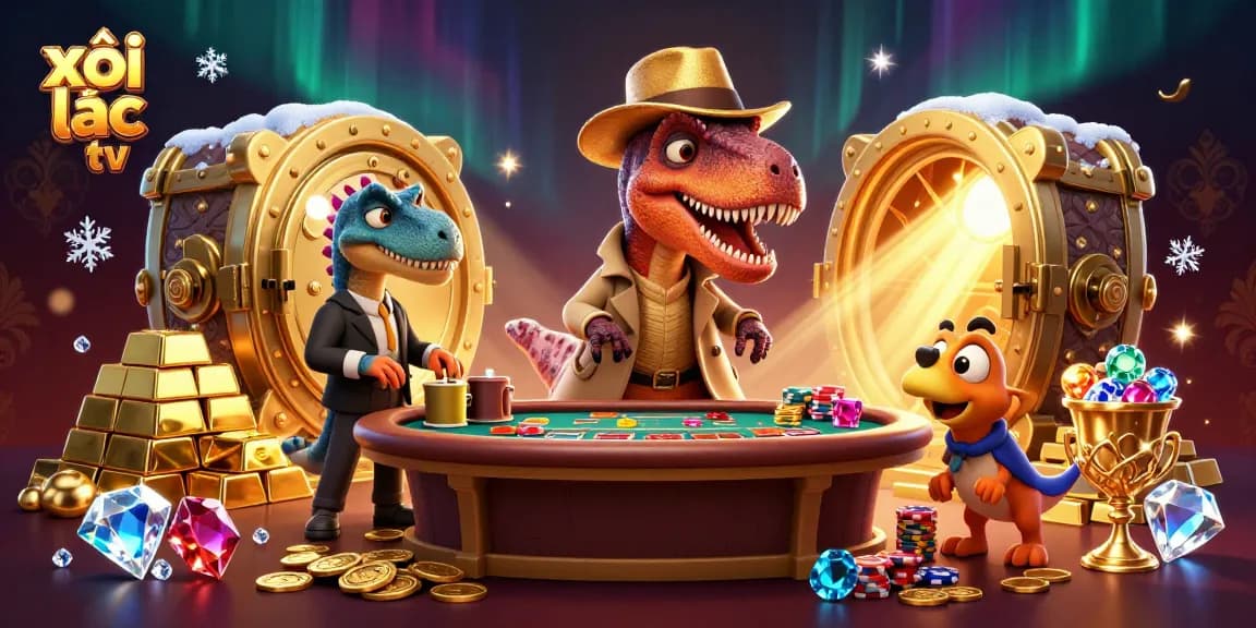 Xôi lạc tv showcases a 3D velociraptor card counter in a dynamic casino scene filled with luxurious gold elements.