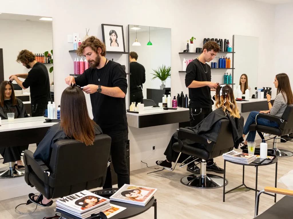 Lebhaftes Friseurstudio mit einem geschickten Stylisten, bester Friseur schneidet Haare, einladende Atmosphäre.