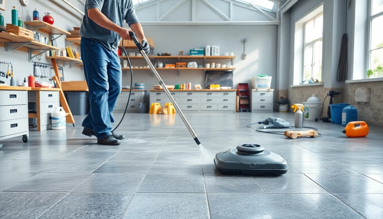 Effiziente Steinreinigung durch Fachmann in einem hellen Arbeitsbereich.