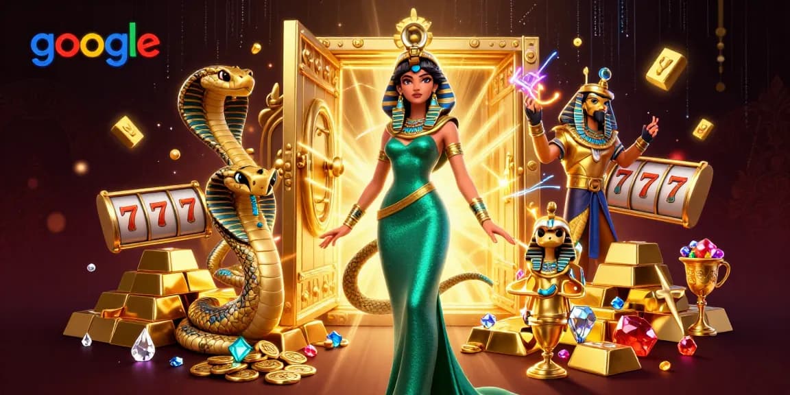 Engagieren Sie sich mit einer aufregenden Szene prunkvoller Casino-Elemente, die den Charme von Google zeigen, mit einer glamourösen Frau und ihrem goldenen Kobra-Begleiter.