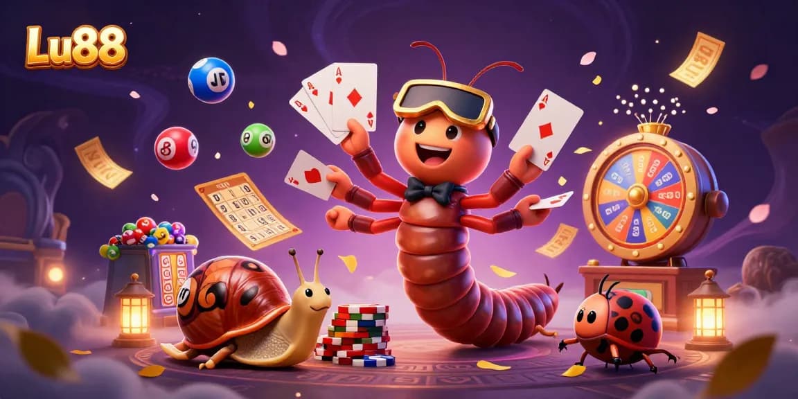 Engage with Lu88's vibrant 3D casino scene showcasing a millipede dealer and snail high-roller.