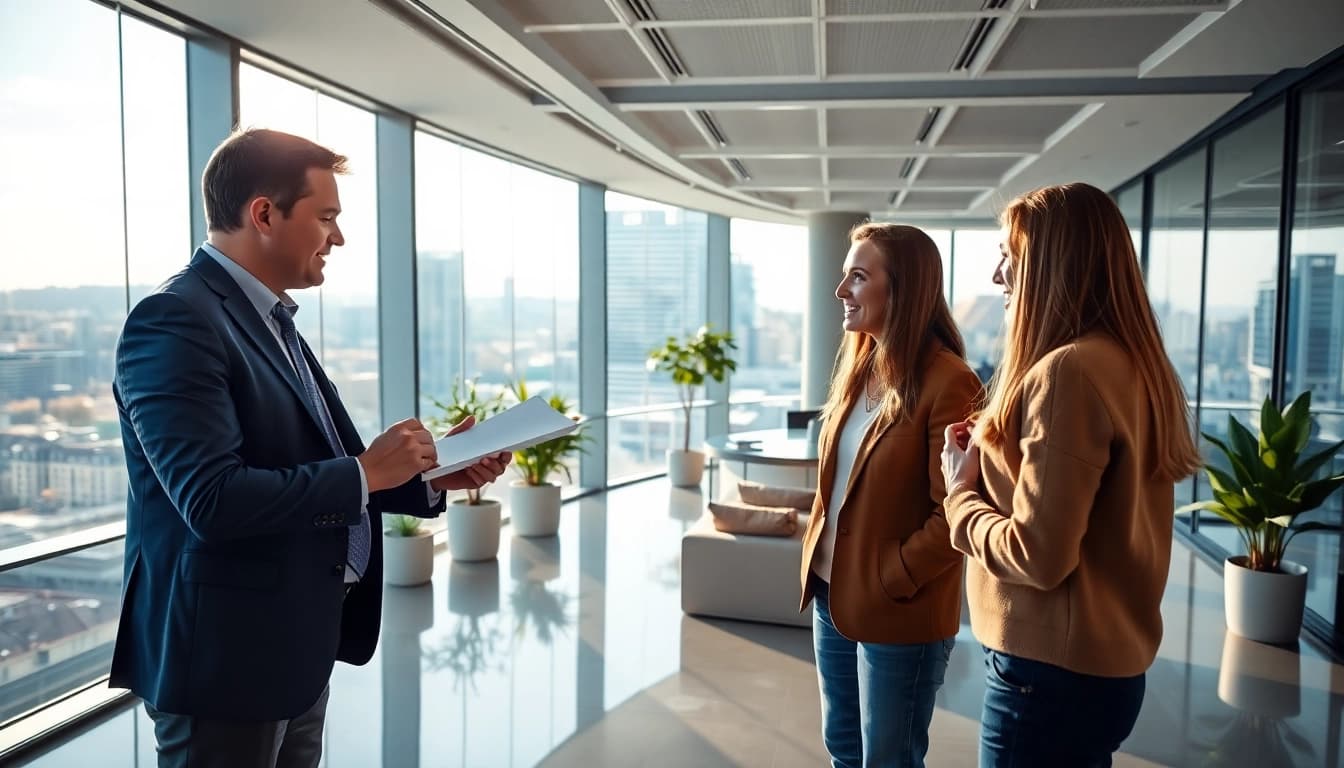 Immobilienmakler Frankfurt Dornbusch präsentiert potenziellen Käufern Immobilienangebote in einem modernen Büro.