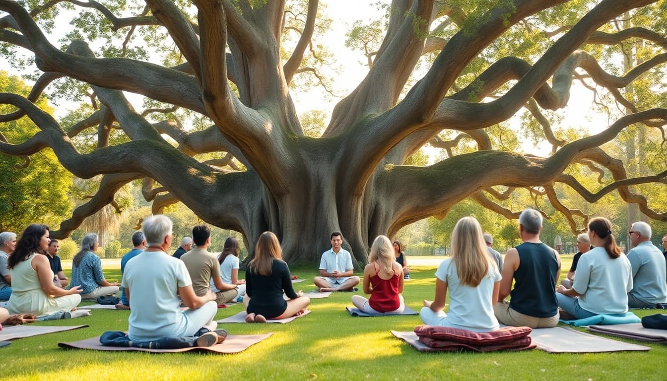 Besonders wichtig: Teilnehmer bei einem spirituellen Seminar unter einem alten Baum in der Natur.