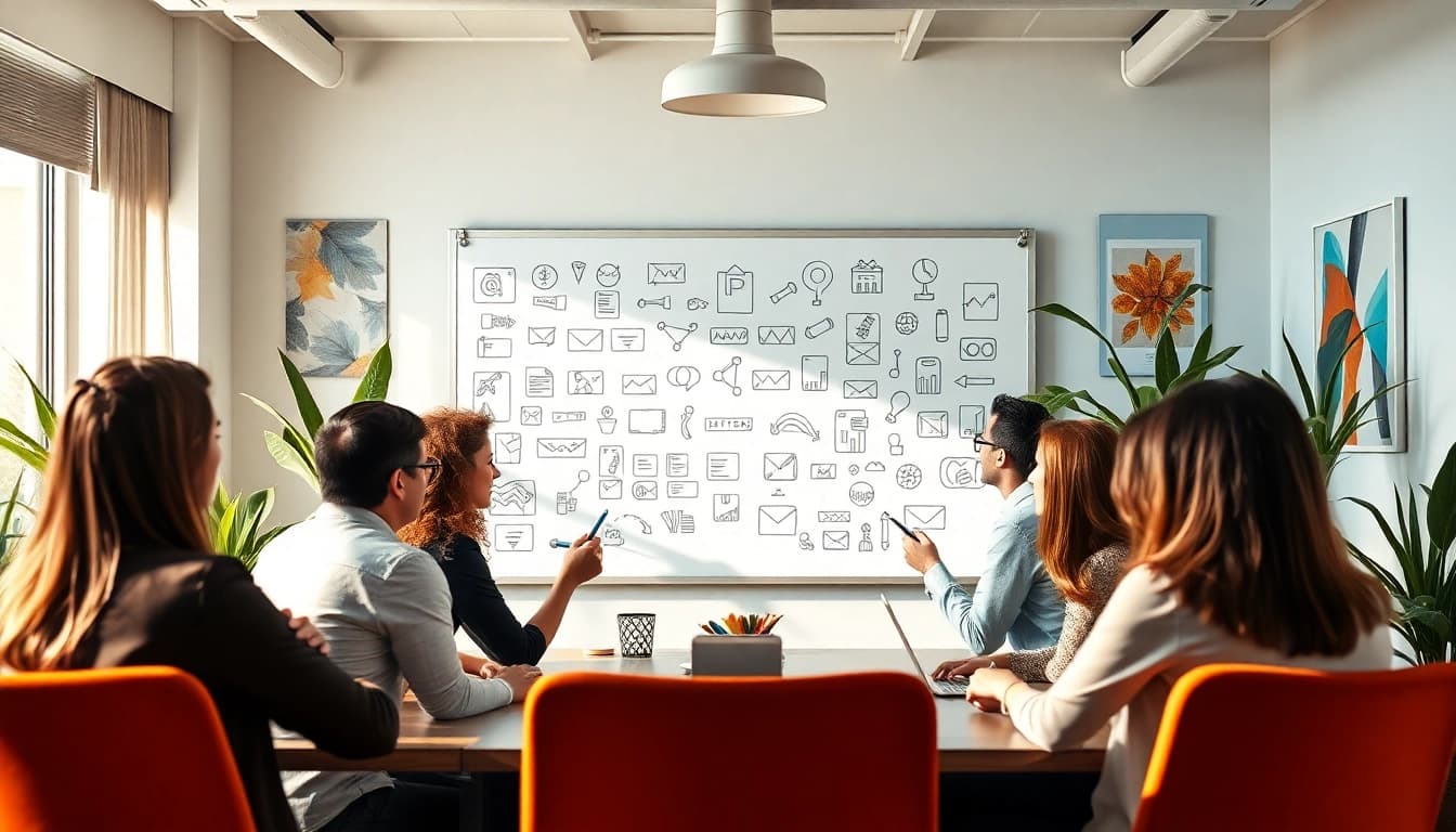 Strategien der Markenführung in einer kreativen Teamumgebung mit dynamischen Brainstorming-Sitzungen.