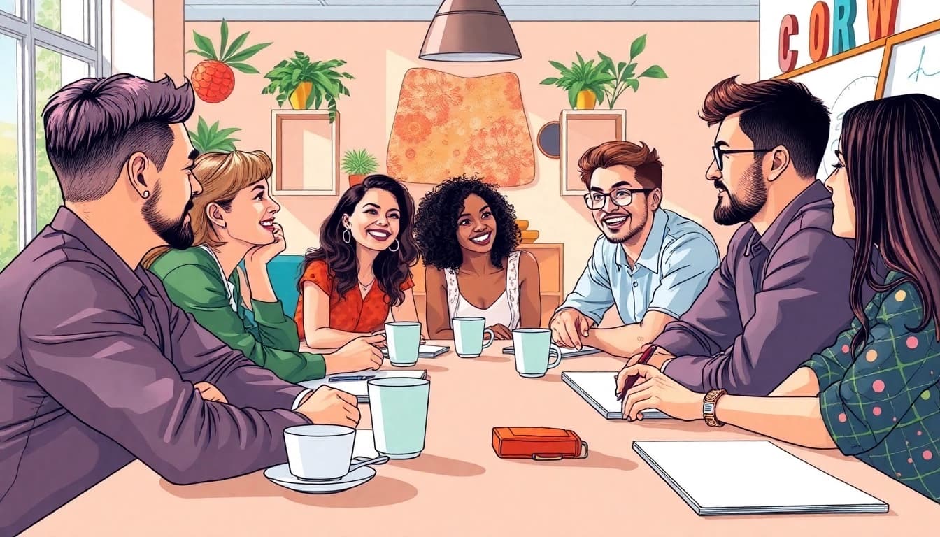 Diskutieren von Themen zum diskutieren an einem bunten Tisch mit aktiven Teilnehmern.