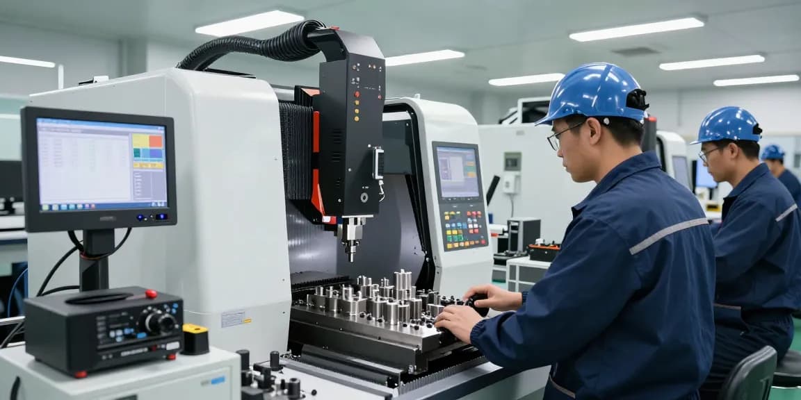 Präzisionstechnik in der modernen CNC-Bearbeitung mit Techniker und hochpräzisen Geräten.