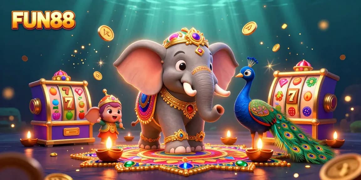 Play thrilling slots and jackpots with FUN88, featuring colorful characters and dynamic casino elements.
