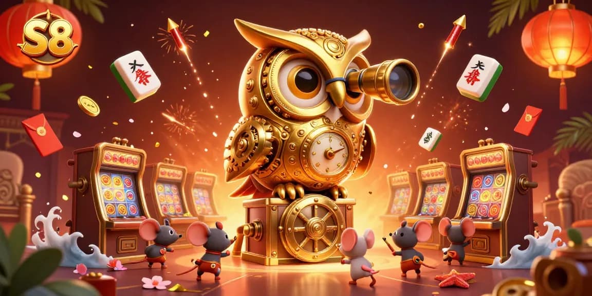 Experience the S8 casino environment filled with a clockwork owl and vibrant gaming elements.
