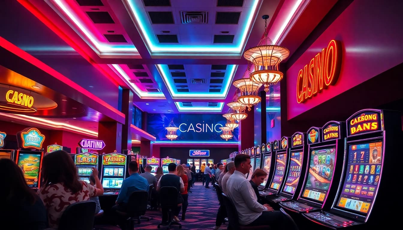 Erlebe aufregende Casino Bonus Aktionen mit lebhaften Spielern und glänzenden Spielautomaten im Hintergrund.