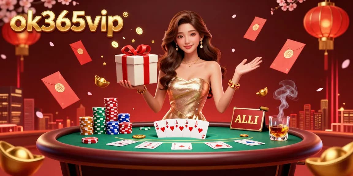 Engage with the vibrant casino scene at ok365vip featuring a stunning Asian woman amidst golden coins and poker excitement.