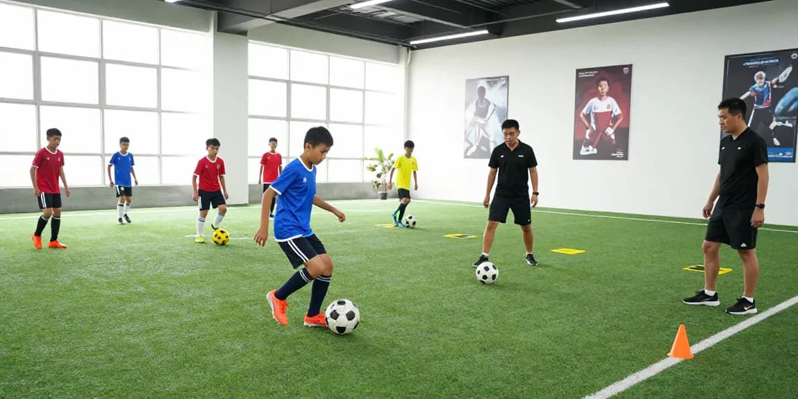 Trainingsball Fußball in einem modernen Fußballtrainingszentrum mit jungen Athleten bei der Übung.