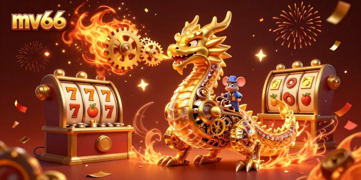 Spin the reels at mv66 with a golden dragon, vivid slot elements, and festive fireworks!
