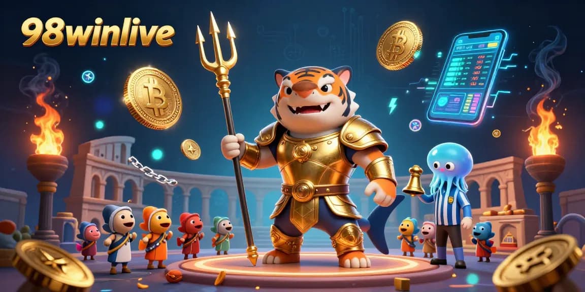 Engage in thrilling underwater battles with 98winlive, featuring a tiger shark gladiator and lively gaming elements.