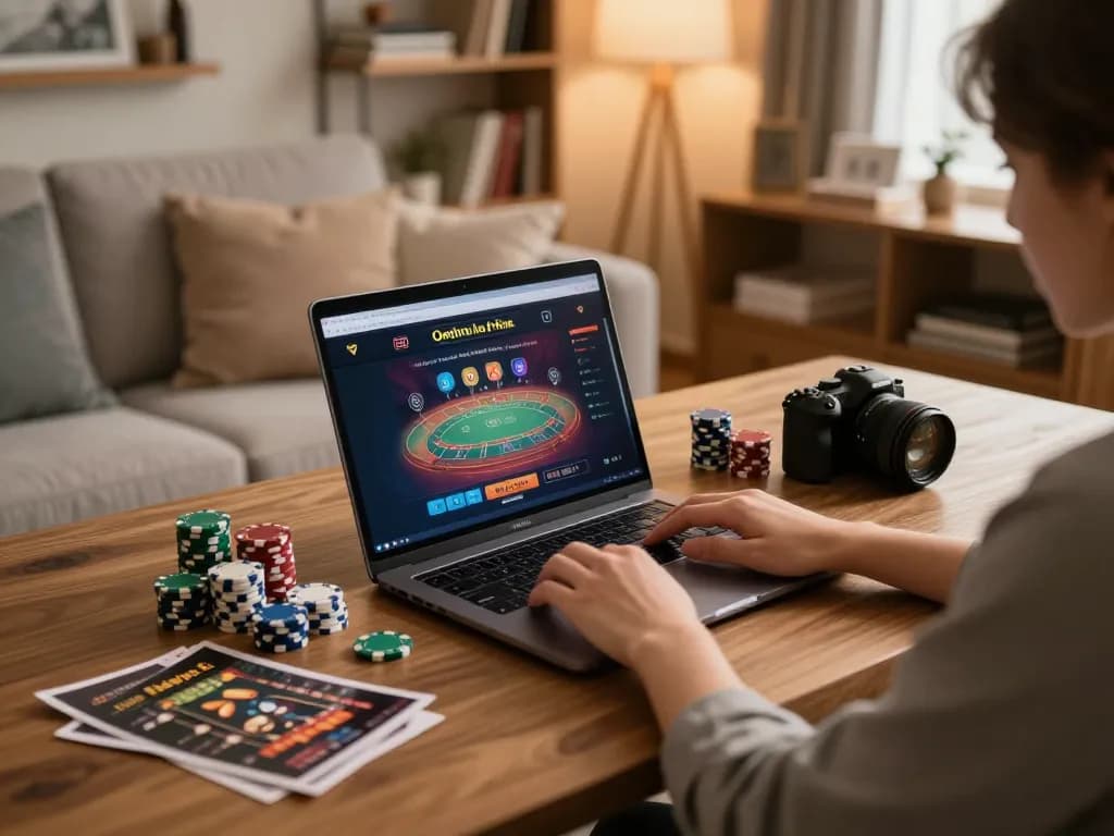 Person engaged in online gaming at dn88 com, with poker chips and strategic notes in a cozy setup.