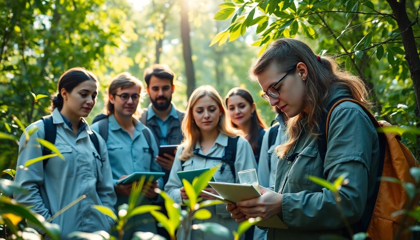 Umweltforschung im Wald, wo Forscher Feldstudien durchführen und Proben analysieren.