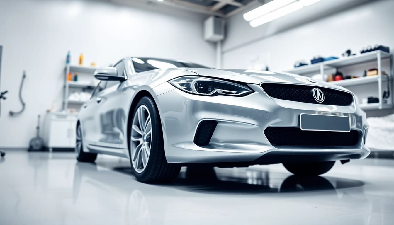 Fahrzeugaufbereitung, professioneller Autoservice mit glänzendem Auto in einer modernen Garage.