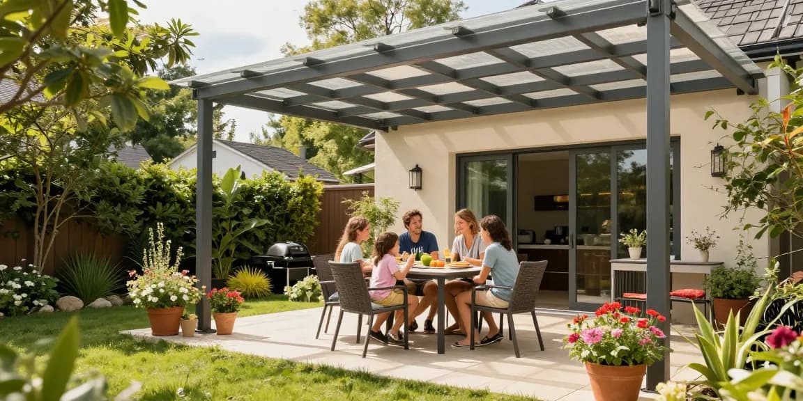 Moderne Terrassenüberdachung im Garten mit Familie, die sonnigen Tag genießen.