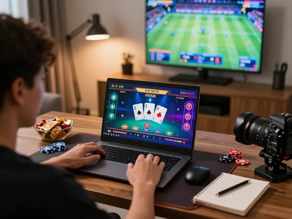 Person playing soibet online casino games on a laptop in a cozy home setup, showcasing chips and vibrant graphics.