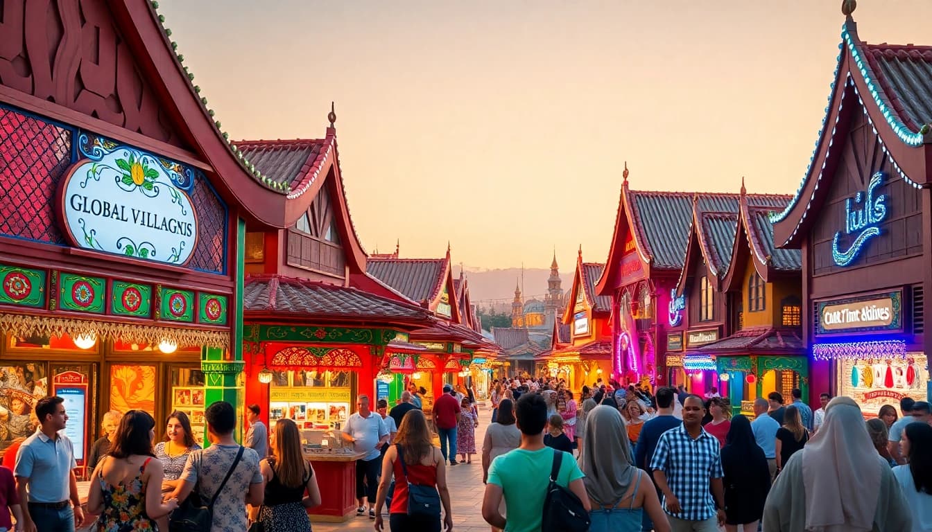 Besucher genießen das bunte Ambiente im Global Village Dubai mit verschiedenen Kulturen.