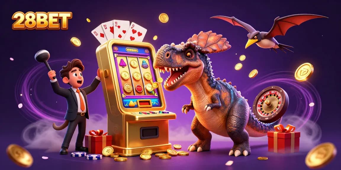 Watch 28BET come alive as a dinosaur wins jackpots while a manager panics amid flying coins and game elements.