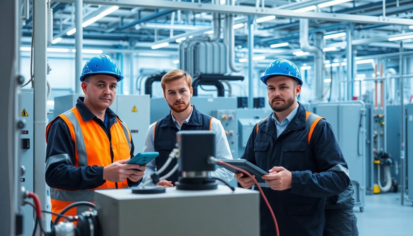 Technicians performing Prüfung ortsfester elektrischer Anlagen in a professional setting.