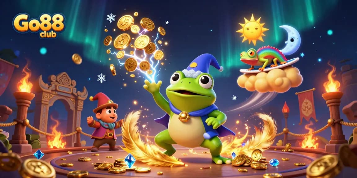 Experience thrilling gameplay at Go88 club with a vibrant 3D casino illustration packed with action and excitement.