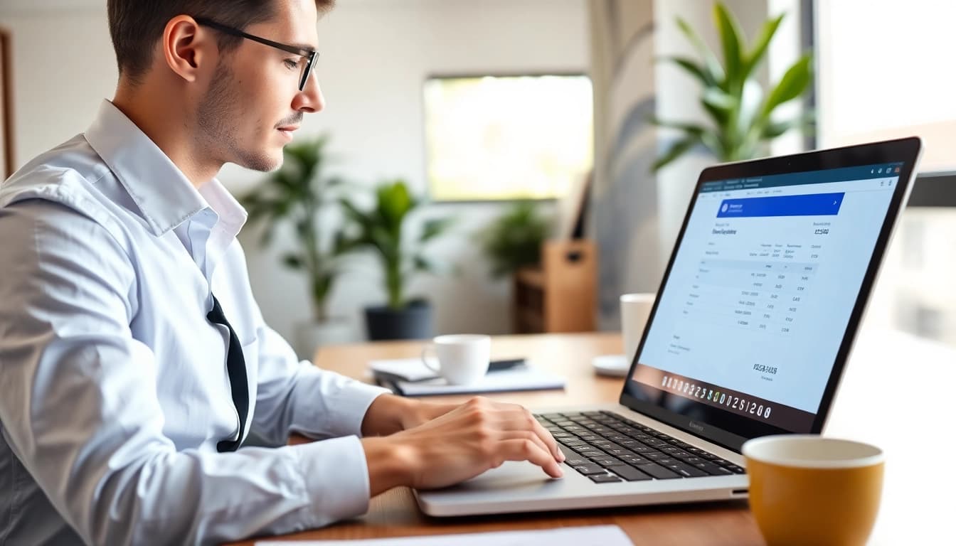 Rechnung erstellen online kostenlos auf einem Laptop in einem modernen Büro.