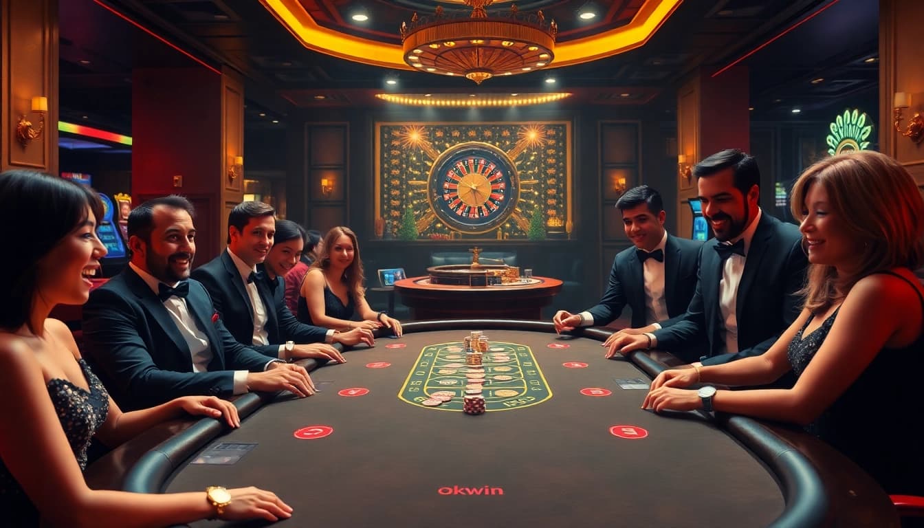 Experience the thrill of winning with okwin at a luxurious poker table in an upscale casino.