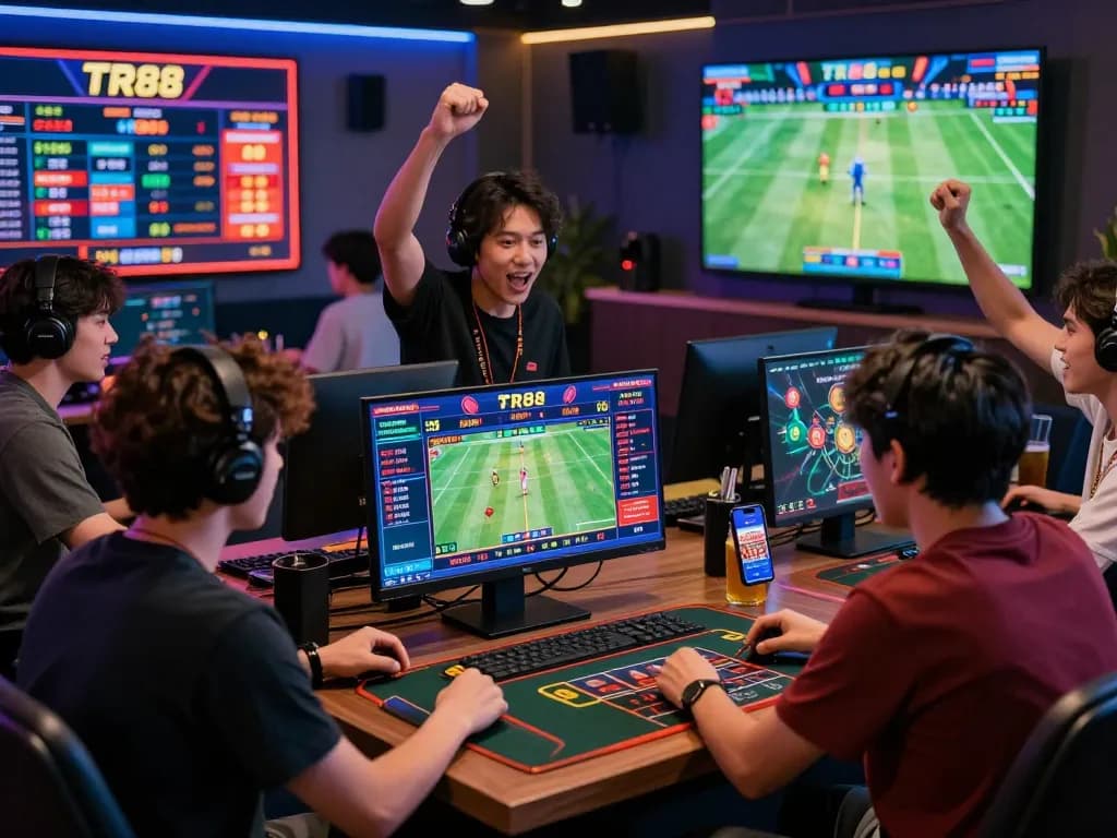 Engaging online gaming atmosphere with players betting on TR88, showcasing live sports events and exciting casino graphics.