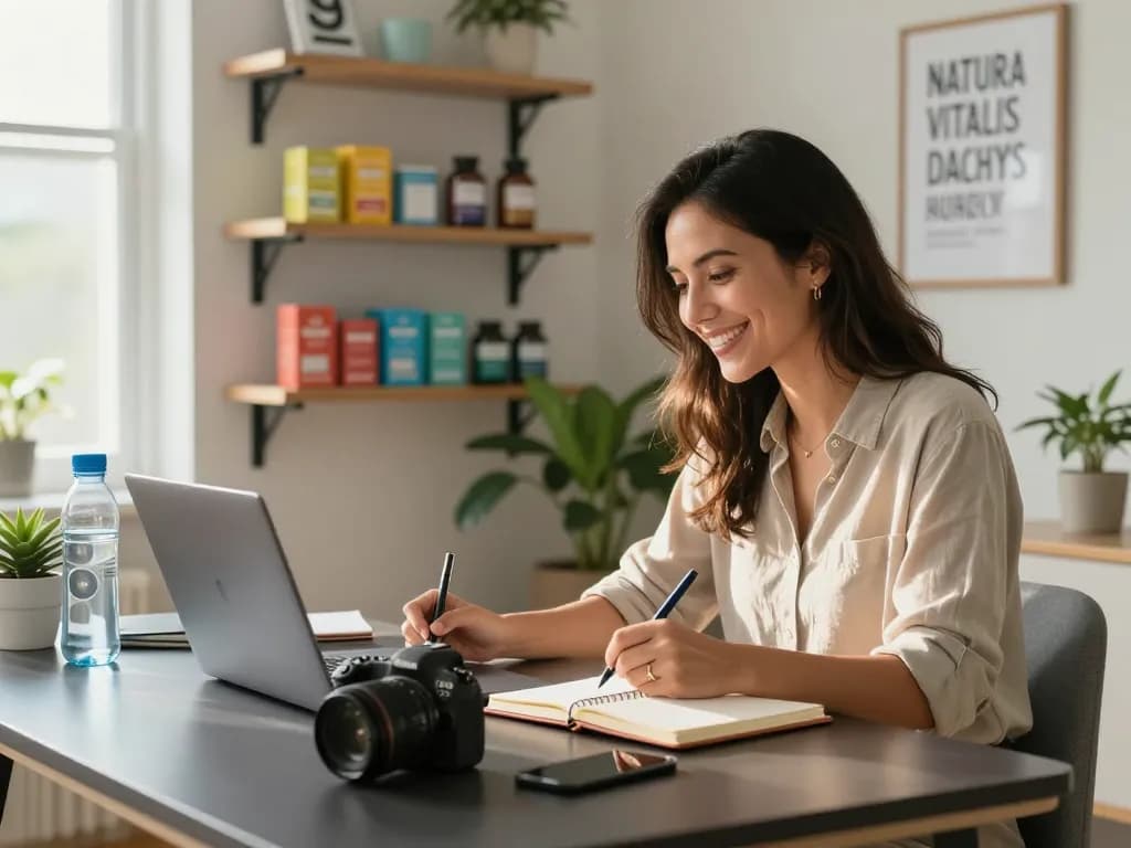 Natura Vitalis Erfahrungen showcased in a vibrant home office where a health consultant reviews products while engaging with clientele.