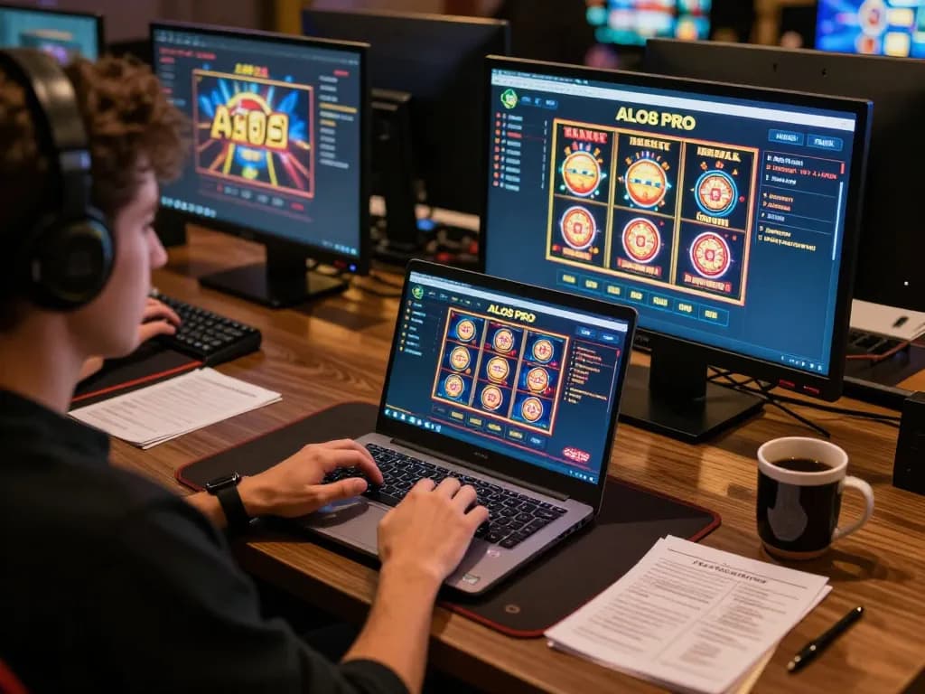 Person playing ALO8 PRO online casino on laptop with cozy ambiance