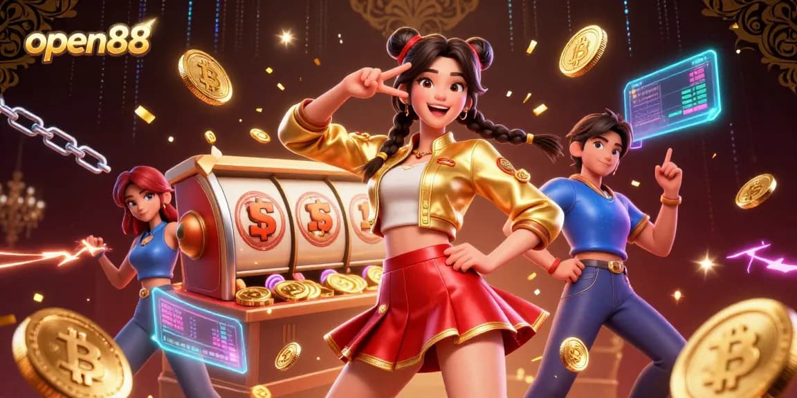Experience the excitement of open88 with vibrant 3D gameplay elements and a joyful character engaging in slots.