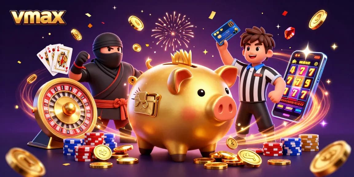 Experience vibrant gaming excitement with vmax's animated casino scene featuring unique characters.