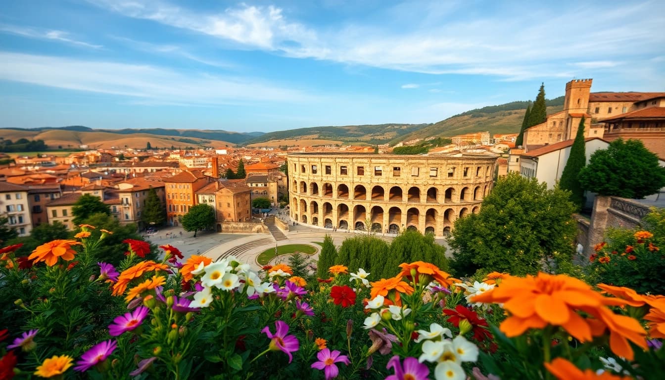 Verona Sehenswürdigkeiten mit Arena di Verona umgeben von historischer Architektur und Blumen
