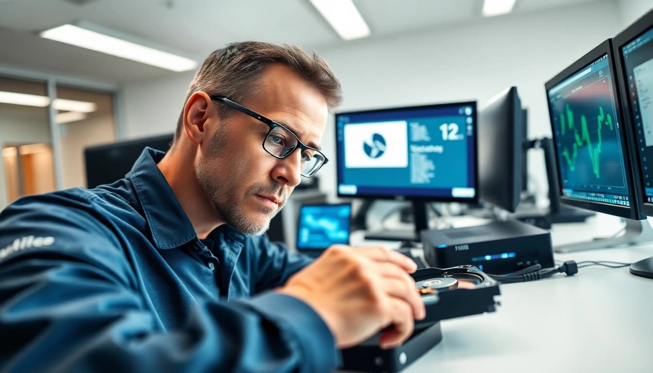 Datenrettung Wien: Professioneller Techniker analysiert Festplatte zur Datenrettung in einem modernen Büro.