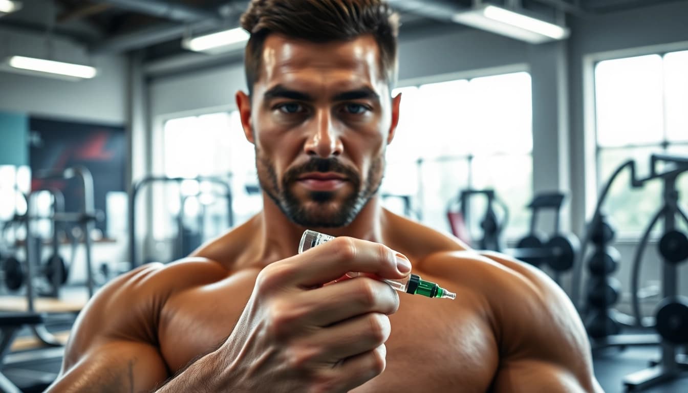 Trenobal Trenbolone Compound injection depicted by a fitness enthusiast in a contemporary gym.