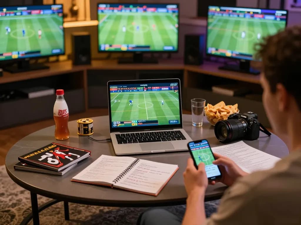 Engaging scene showcasing online sports betting on 79KING with laptop, smartphone, and enthusiastic atmosphere.