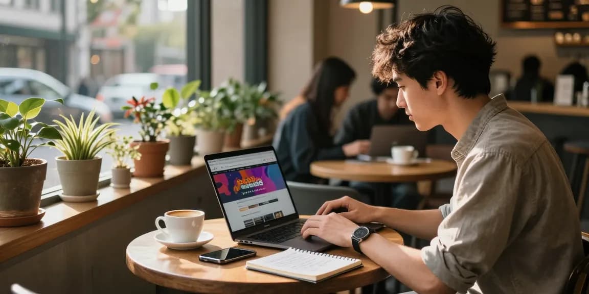 Youth researching rokok88 link in a trendy coffee shop.