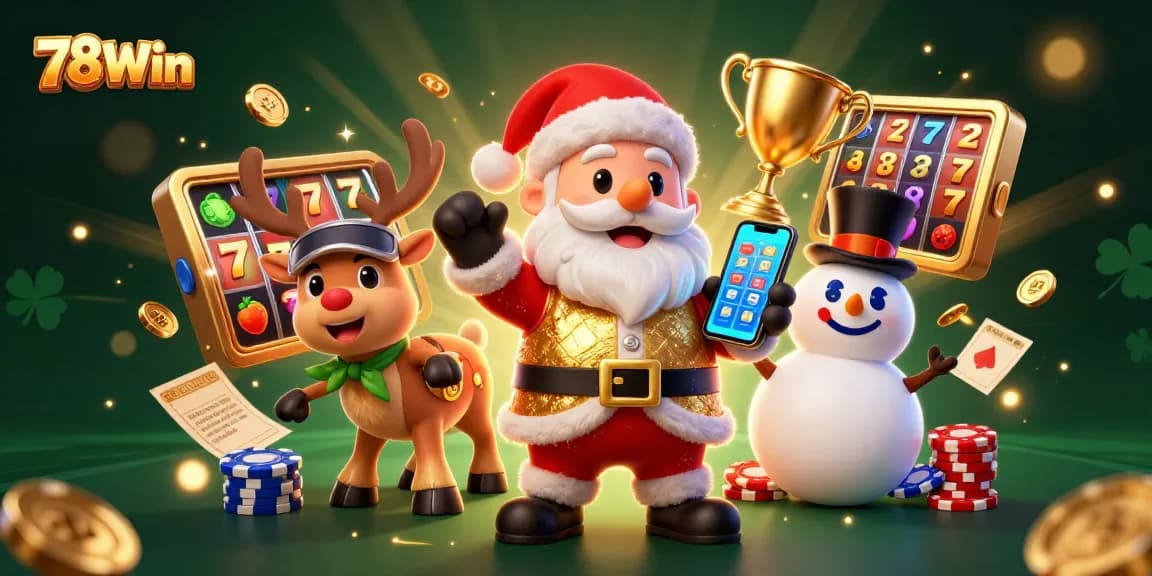 Experience the excitement of 78Win with Santa and friends amidst vibrant slot reels and festive decorations.