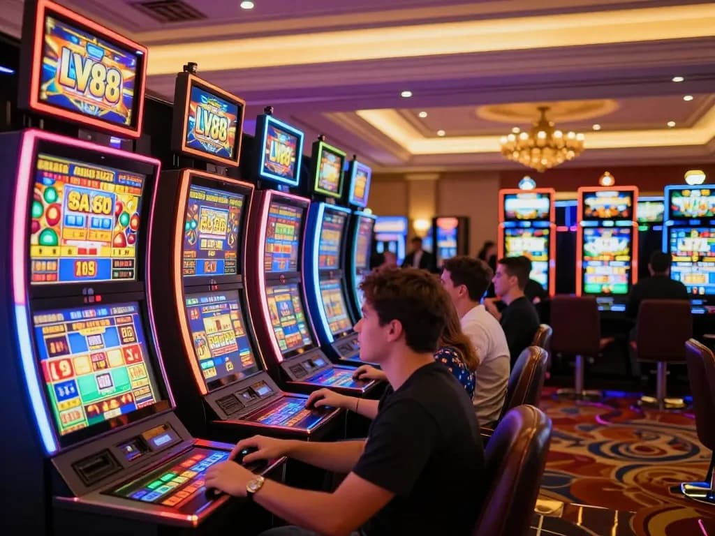 Players celebrating a win at LV88 slot machines among vibrant lights and excitement.