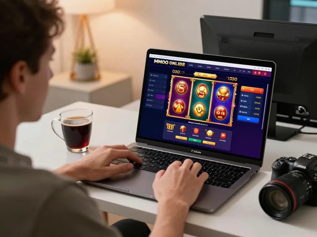Engaged player exploring MMOO online casino games on a laptop in a cozy home setting