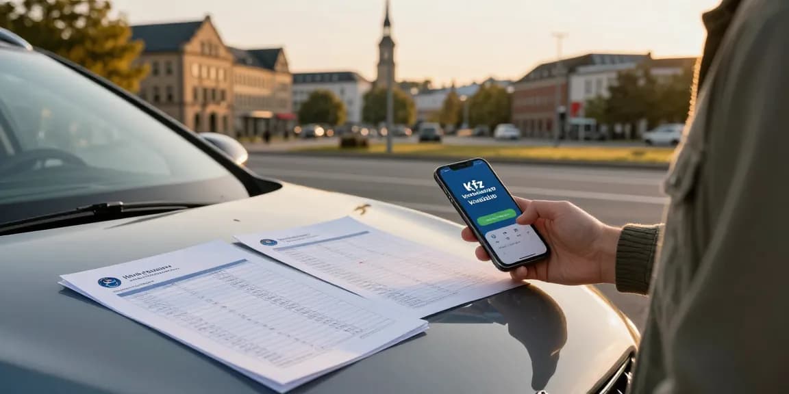 Kfz Versicherung Vergleich neben Auto in Dortmund mit Versicherungspapieren auf Motorhaube