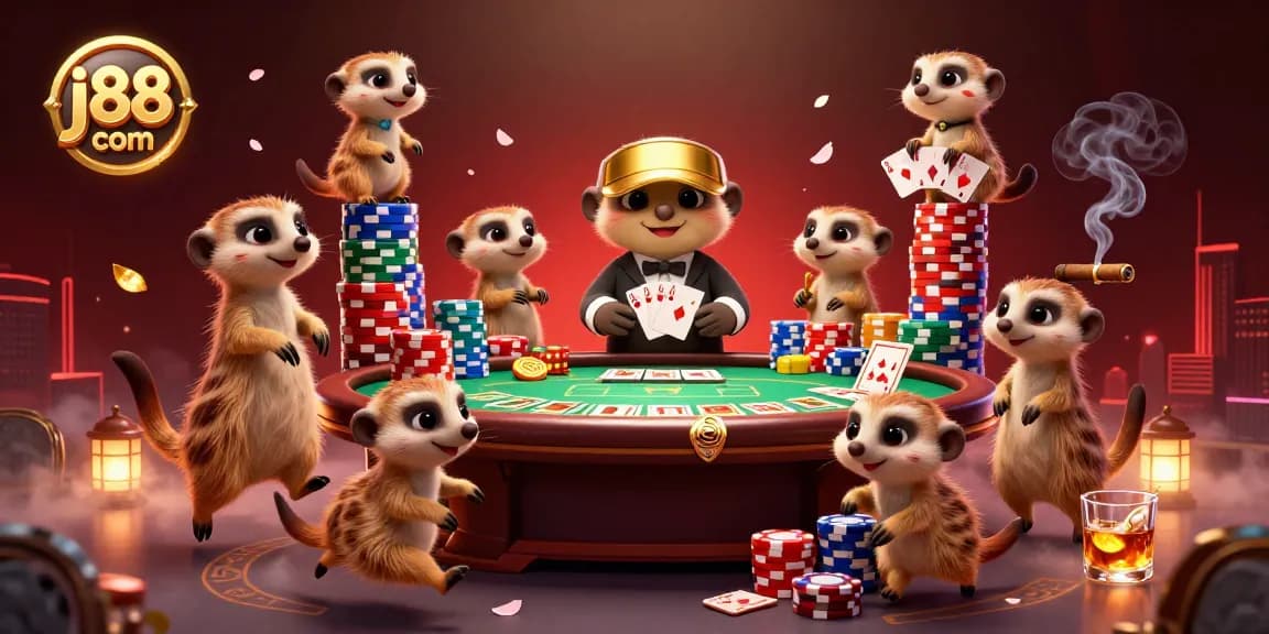 Vibrantly illustrate j88 com with meerkats managing a colorful casino, featuring cards, chips, and animated action.