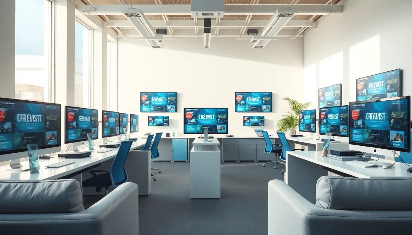 Webdesign Agentur mit modernen Computerbildschirmen, die innovative Designs zeigen.