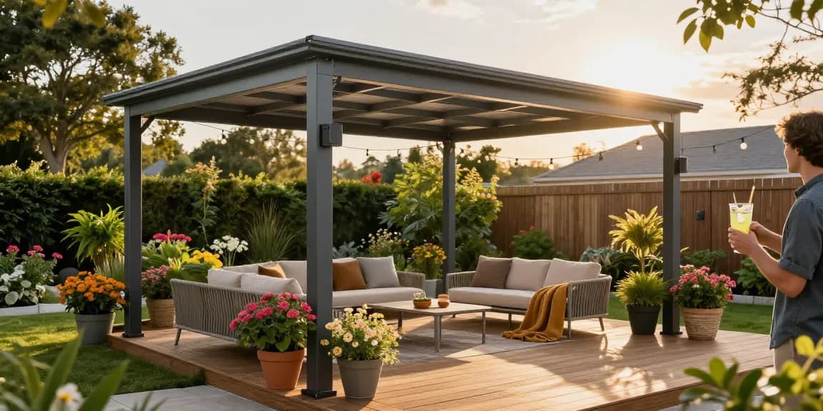 Moderne Terrassenüberdachungen in stilvollem Außenbereich mit Garten und gemütlicher Atmosphäre.