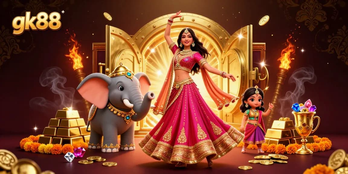 Spin the reels at gk88 casino, featuring a vibrant Bollywood-inspired scene with gold treasures.